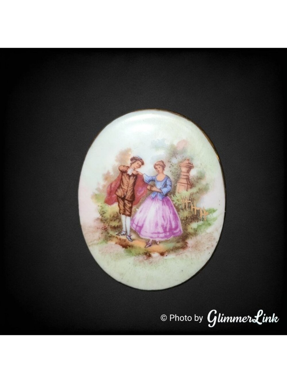 Vintage Porcelain Fragonard Courting Couple Brooch – Victorian Style, 2"